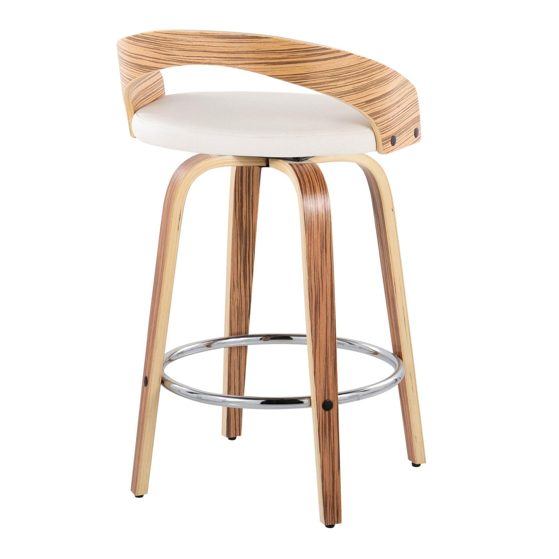 The Grotto set includes two mid-century modern counter stools with swivel features, each boasting a curved wooden backrest, white cushioned seat, sleek design with four wooden legs, and a round metal footrest.