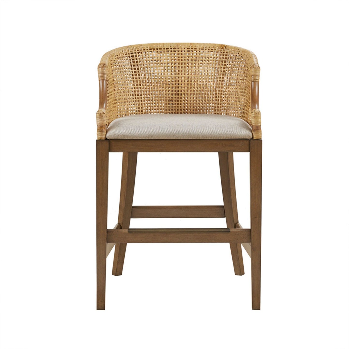 The Casual Handcrafted Rattan Counter Stool features a woven rattan backrest, light beige cushioned seat, four straight wooden legs, and a footrest, displayed against a plain white background.