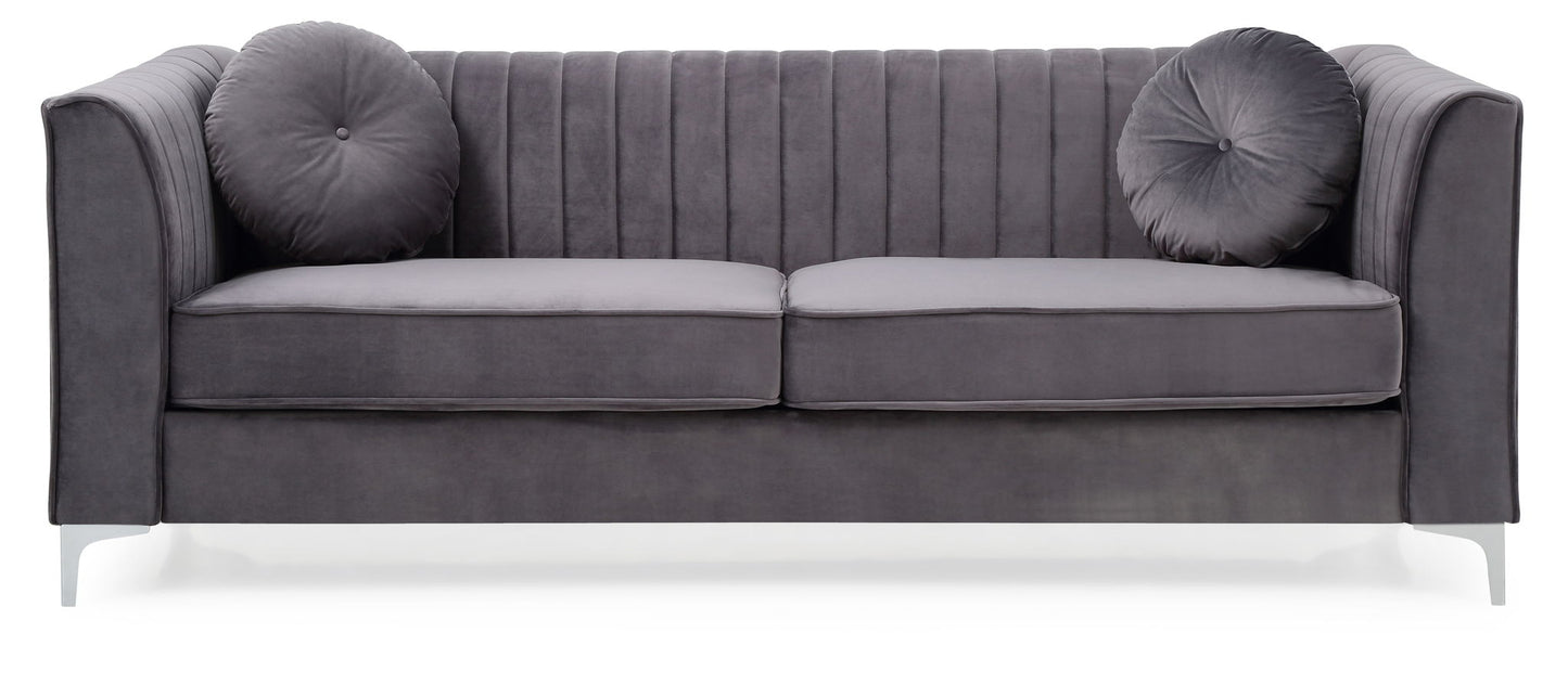 The Delray Micro Suede Sofa features modern gray upholstery, vertical channel tufting, two seat cushions, and two matching round pillows, displayed against a white background.