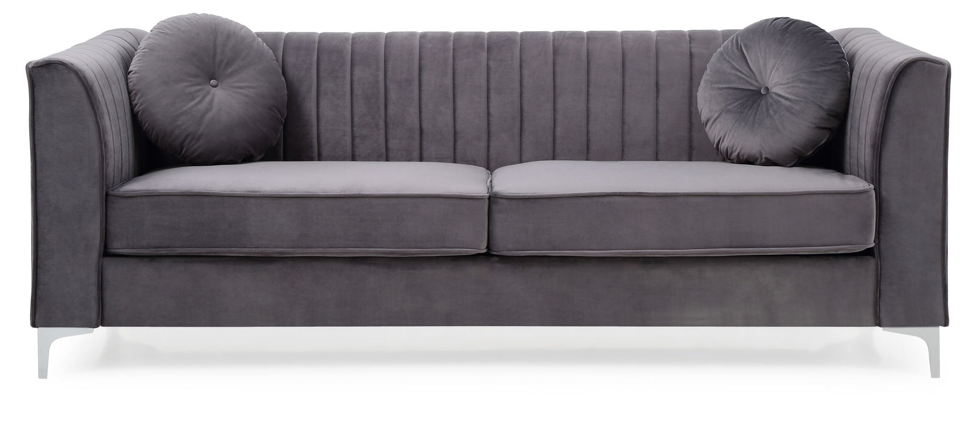 The Delray Micro Suede Sofa features modern gray upholstery, vertical channel tufting, two seat cushions, and two matching round pillows, displayed against a white background.