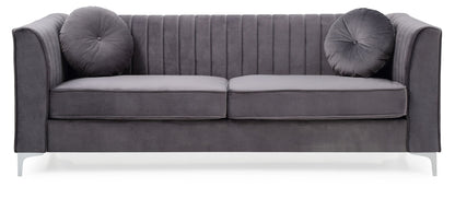 The Delray Micro Suede Sofa features modern gray upholstery, vertical channel tufting, two seat cushions, and two matching round pillows, displayed against a white background.