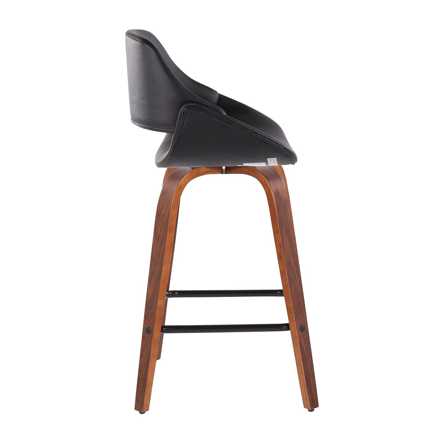 The Fabrico Mid-Century Modern Counter Stool (Set of 2) features a curved black leather seat and backrest, angled natural-finish wooden legs, and black metal footrests; shown in profile view against a white background.