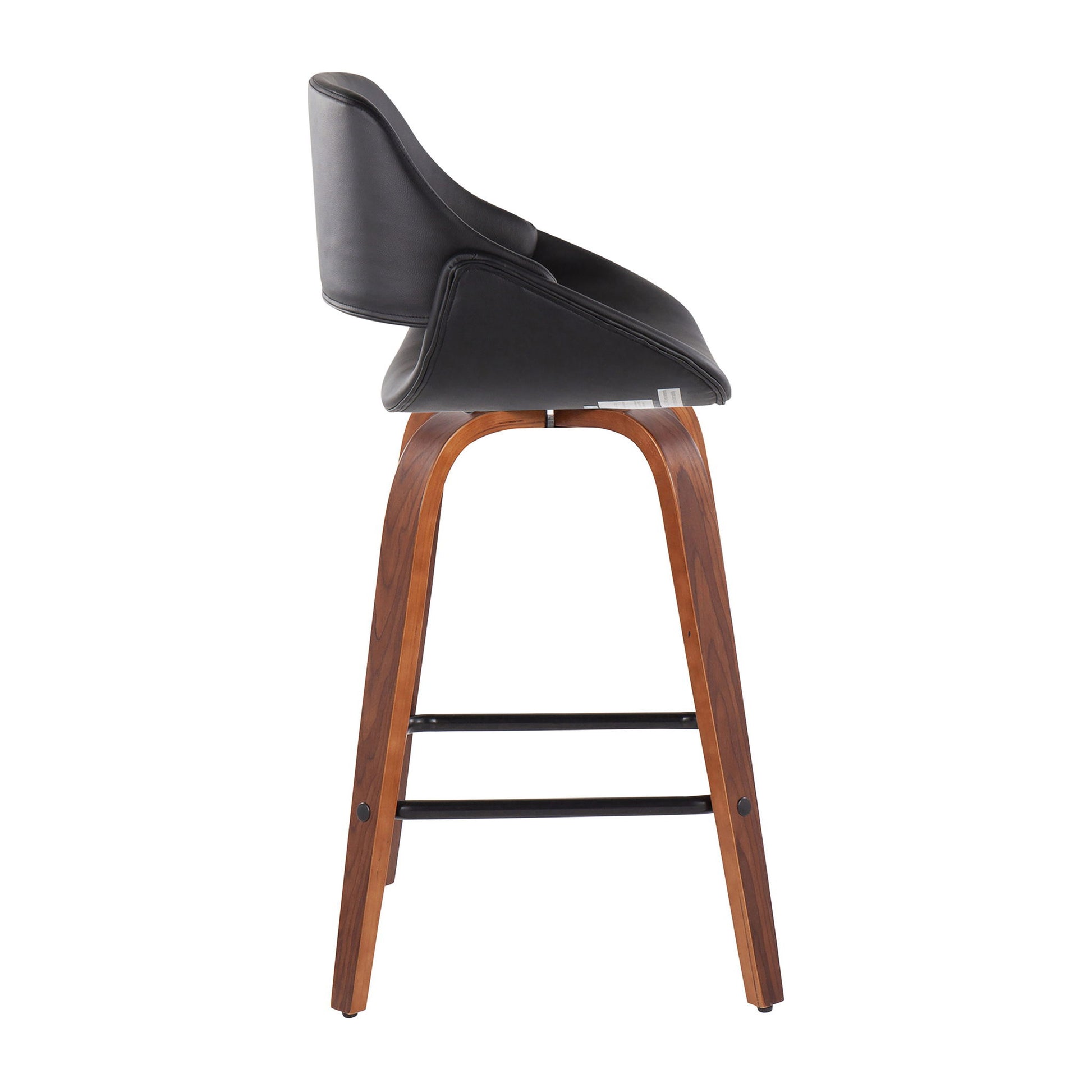 The Fabrico Mid-Century Modern Counter Stool (Set of 2) features a curved black leather seat and backrest, angled natural-finish wooden legs, and black metal footrests; shown in profile view against a white background.