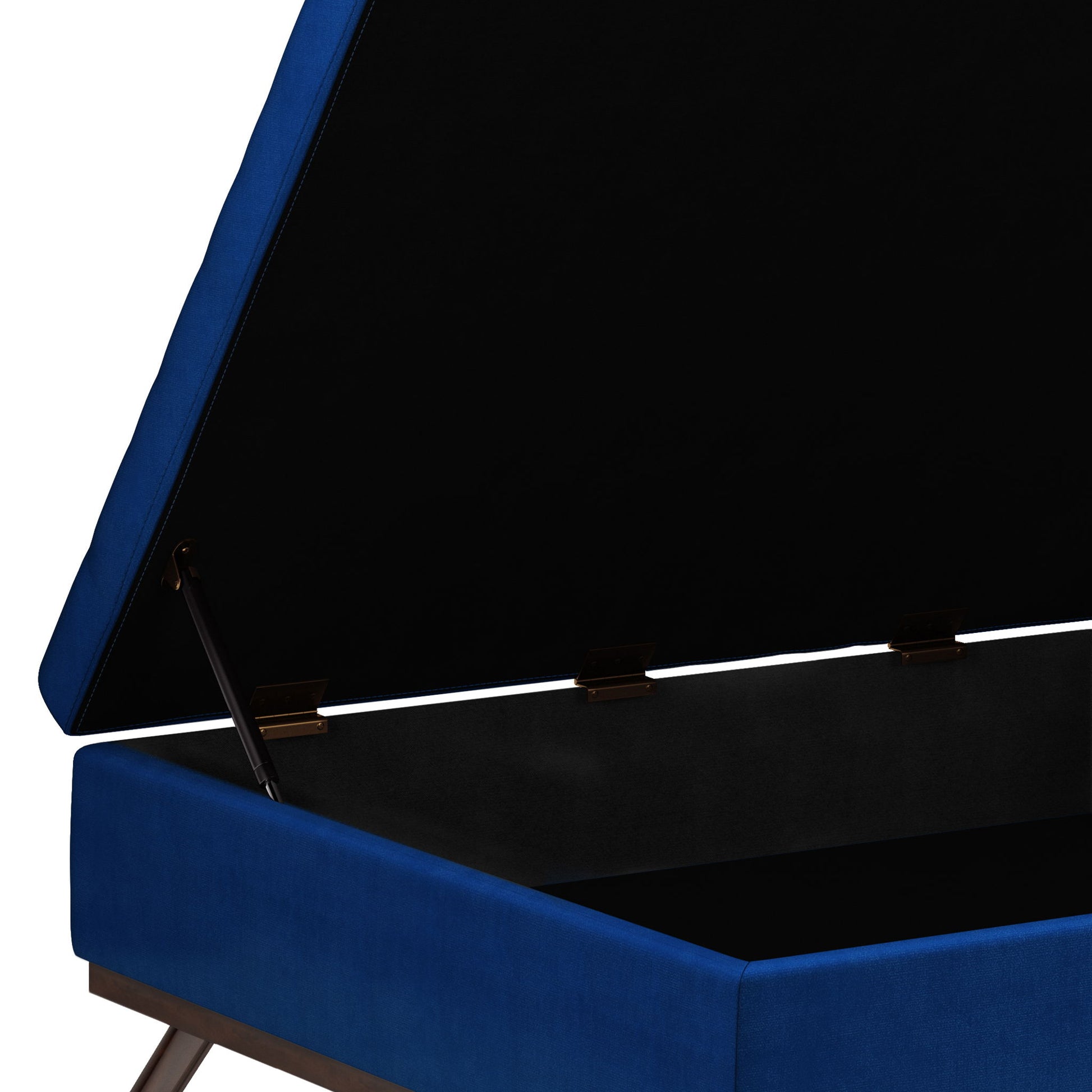 A close-up of the Owen - Multifunctional Square Coffee Table Storage Ottoman with its lid open, showing a spacious black interior and hinged mechanism. This blue ottoman stands on angled wooden legs.
