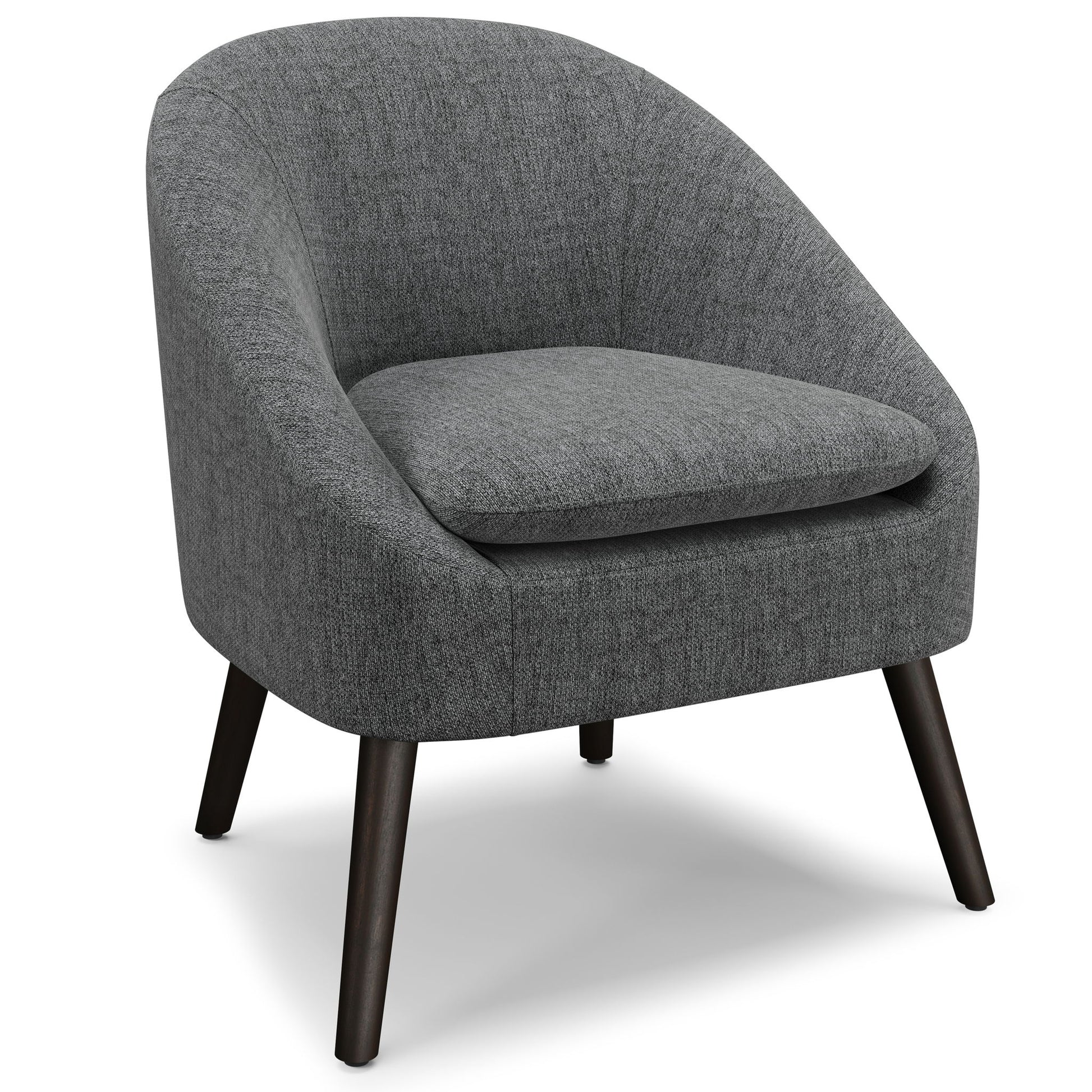 The Redding Upholstered Accent Chair features a modern rounded back, dark wooden legs, and grey upholstery. Its thick, plush seat cushion is designed for comfort.
