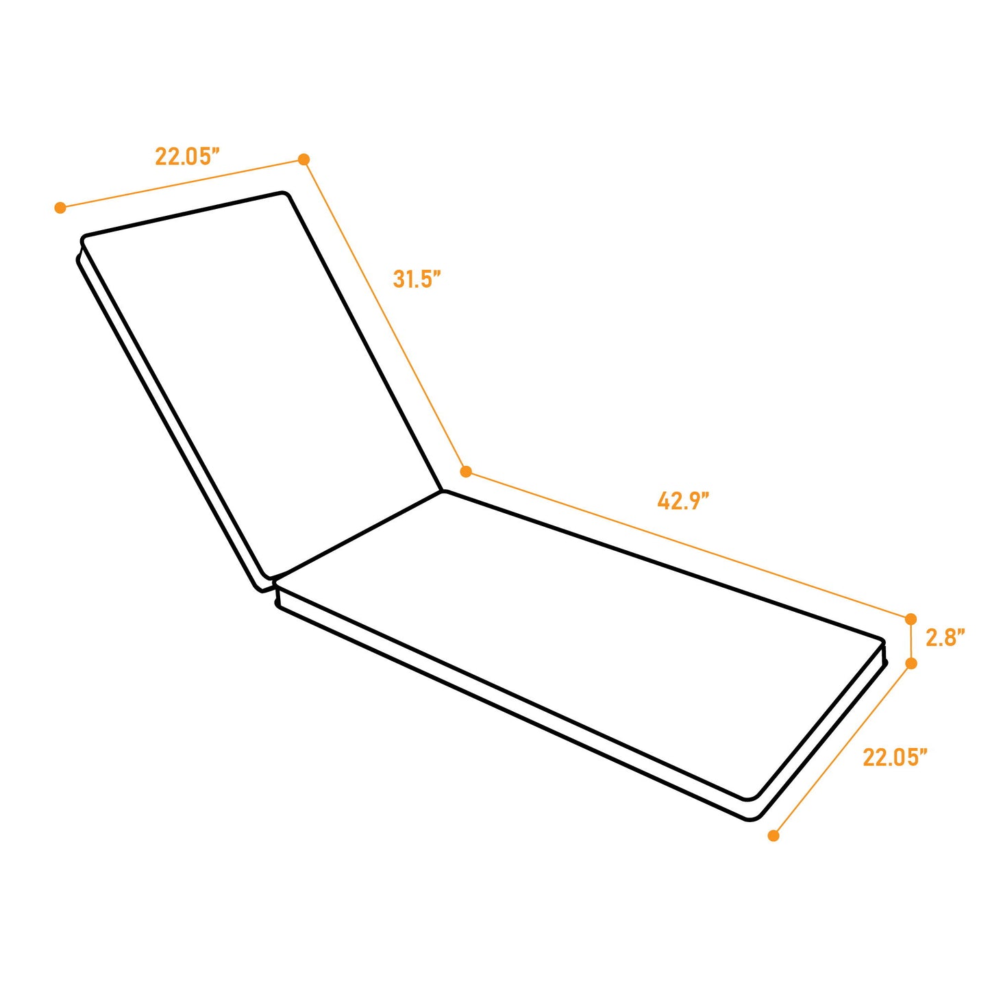 Line drawing of the Outdoor Lounge Chair Cushion Replacement shows labeled dimensions: 22.05" width at both ends, 31.5" back section, 42.9" full length, and 2.8" thickness with orange lines and dots highlighting measurements.