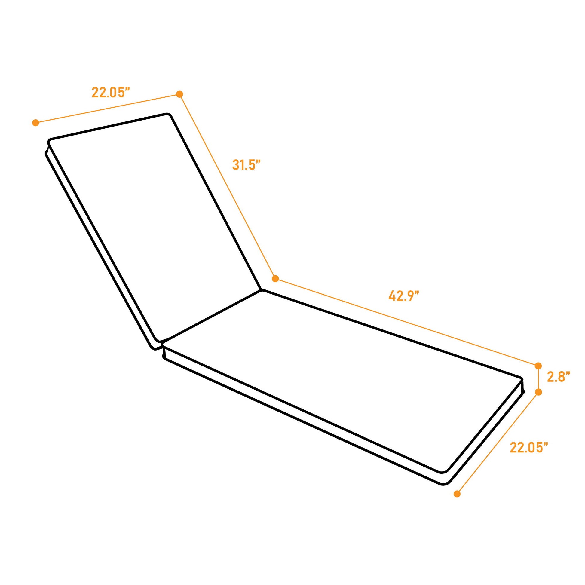 Line drawing of the Outdoor Lounge Chair Cushion Replacement shows labeled dimensions: 22.05" width at both ends, 31.5" back section, 42.9" full length, and 2.8" thickness with orange lines and dots highlighting measurements.
