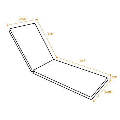Line drawing of the Outdoor Lounge Chair Cushion Replacement shows labeled dimensions: 22.05" width at both ends, 31.5" back section, 42.9" full length, and 2.8" thickness with orange lines and dots highlighting measurements.