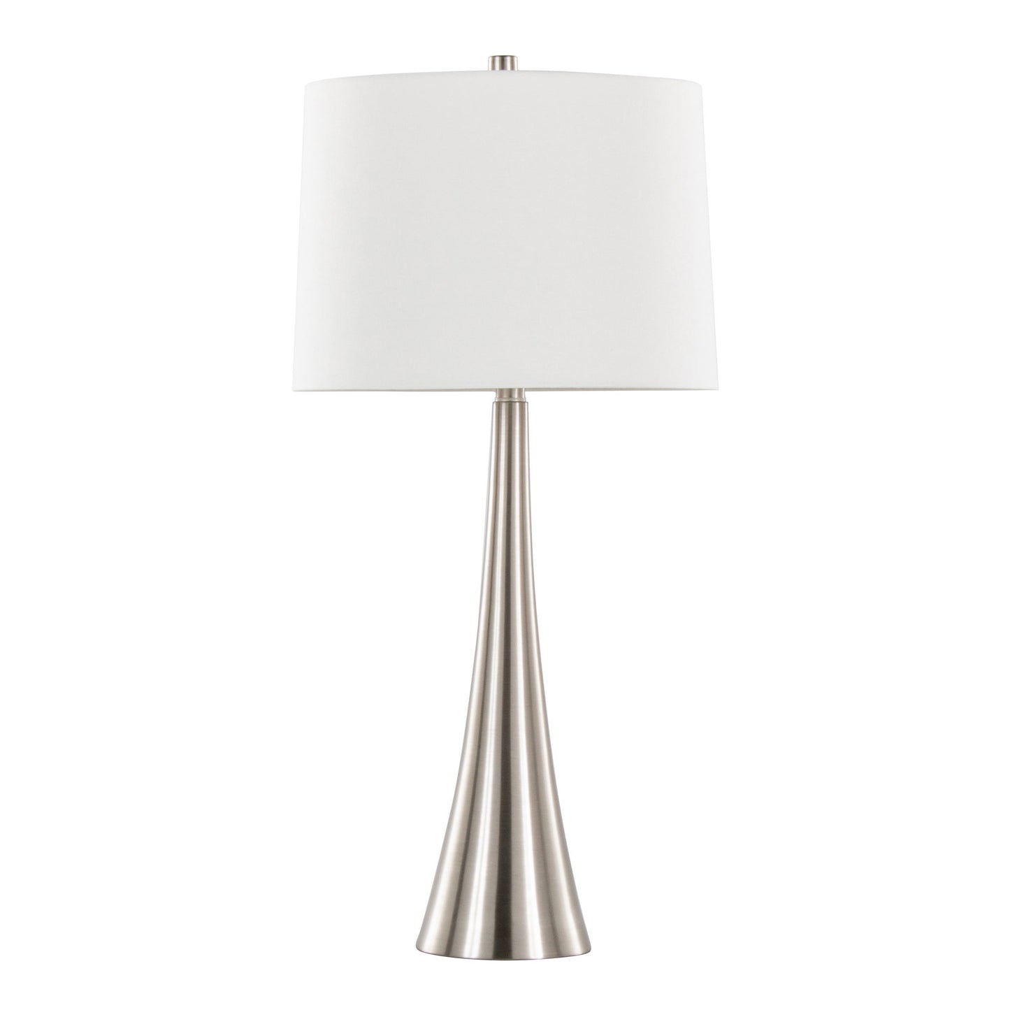The Diana - Contemporary Table Lamp (Set of 2) features a brushed metal, cone-shaped base and a large white cylindrical lampshade, shown on a plain white background.