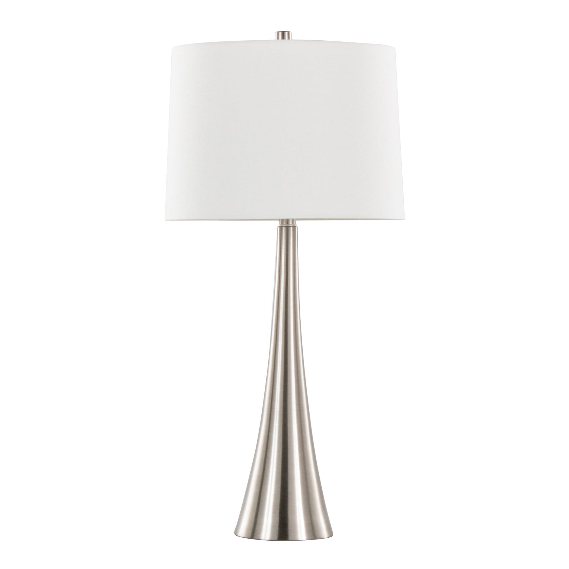 The Diana - Contemporary Table Lamp (Set of 2) features a brushed metal, cone-shaped base and a large white cylindrical lampshade, shown on a plain white background.