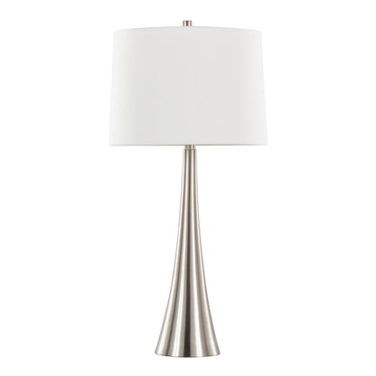 The Diana - Contemporary Table Lamp (Set of 2) features a brushed metal, cone-shaped base and a large white cylindrical lampshade, shown on a plain white background.