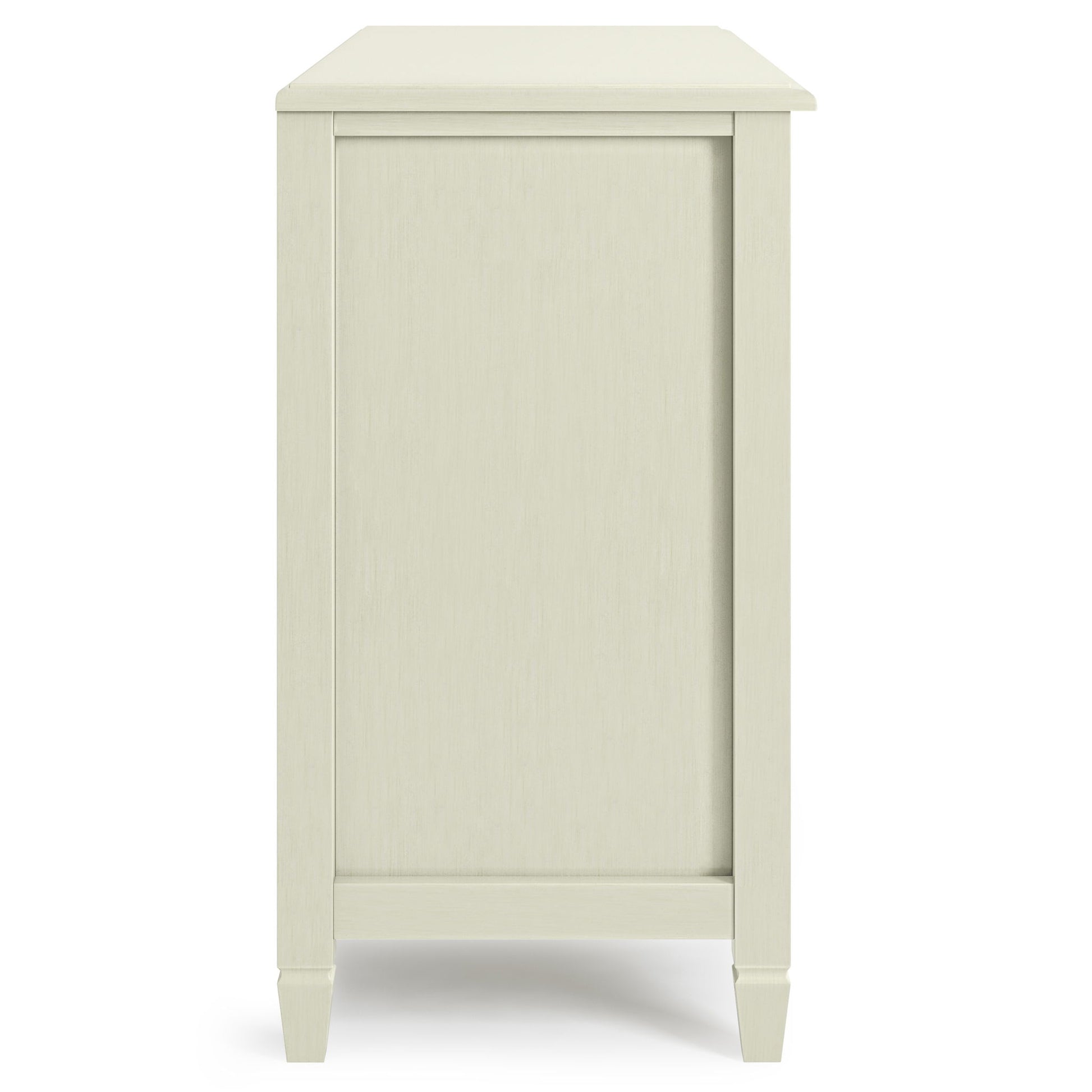 Side view of the Connaught - Handcrafted Low Storage Cabinet in light wood, featuring minimalist design, simple clean lines, four tapered legs, flat panel front, and subtle wood grain texture.
