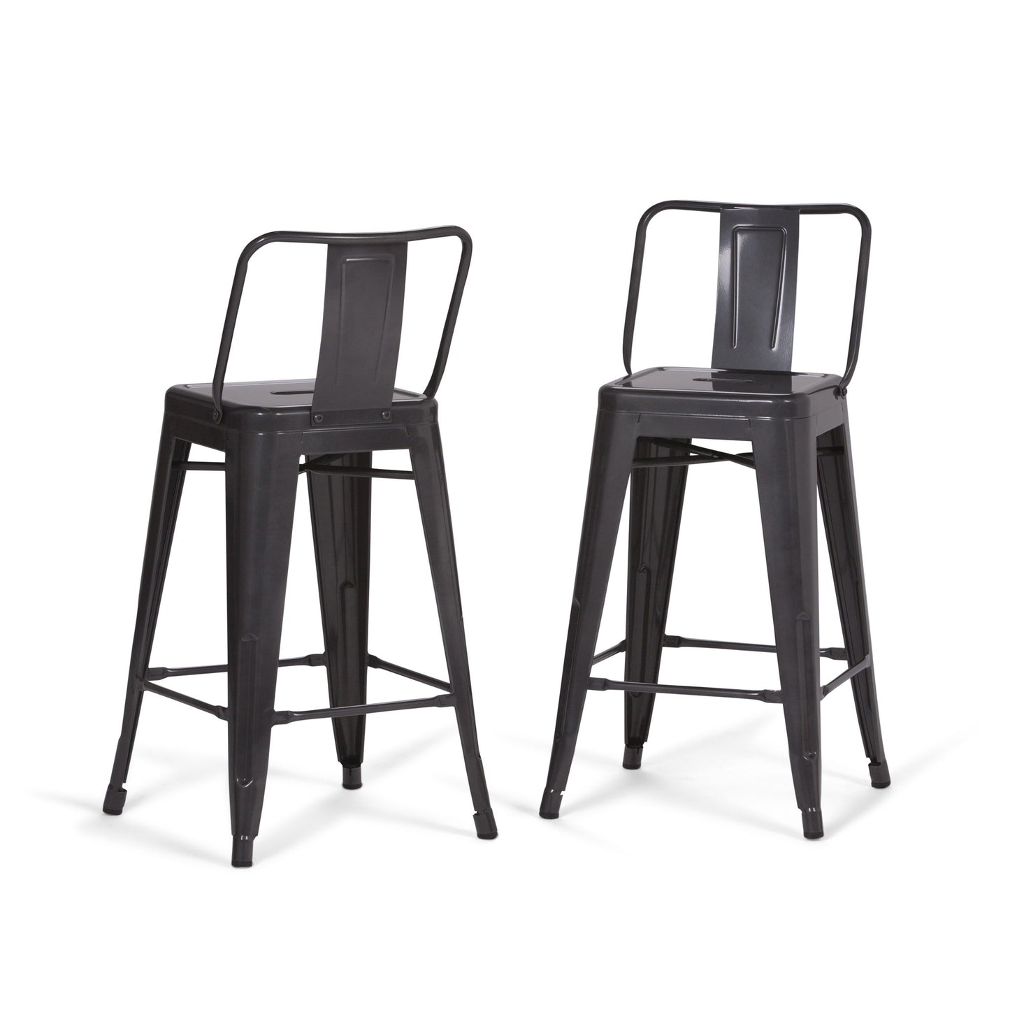 Set of 2 Rayne Curved Back Metal Stools in tall black finish, featuring square seats, backs, and footrests, shown on a white background.