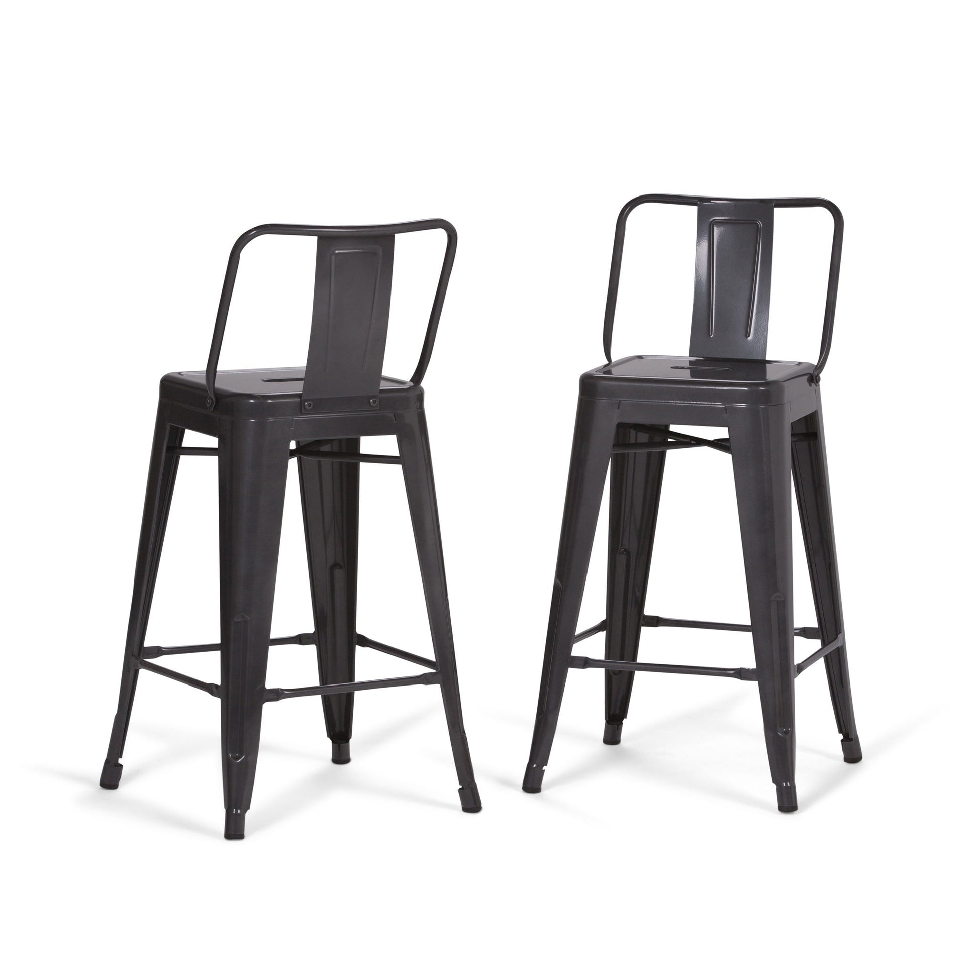 Set of 2 Rayne Curved Back Metal Stools in tall black finish, featuring square seats, backs, and footrests, shown on a white background.