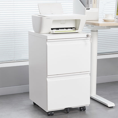 A white printer rests on the 2 Drawer File Cabinet With Lock, a metal under-desk rolling filing cabinet that fits letter/legal/A4 size, positioned next to a desk in a modern office with window blinds in the background.