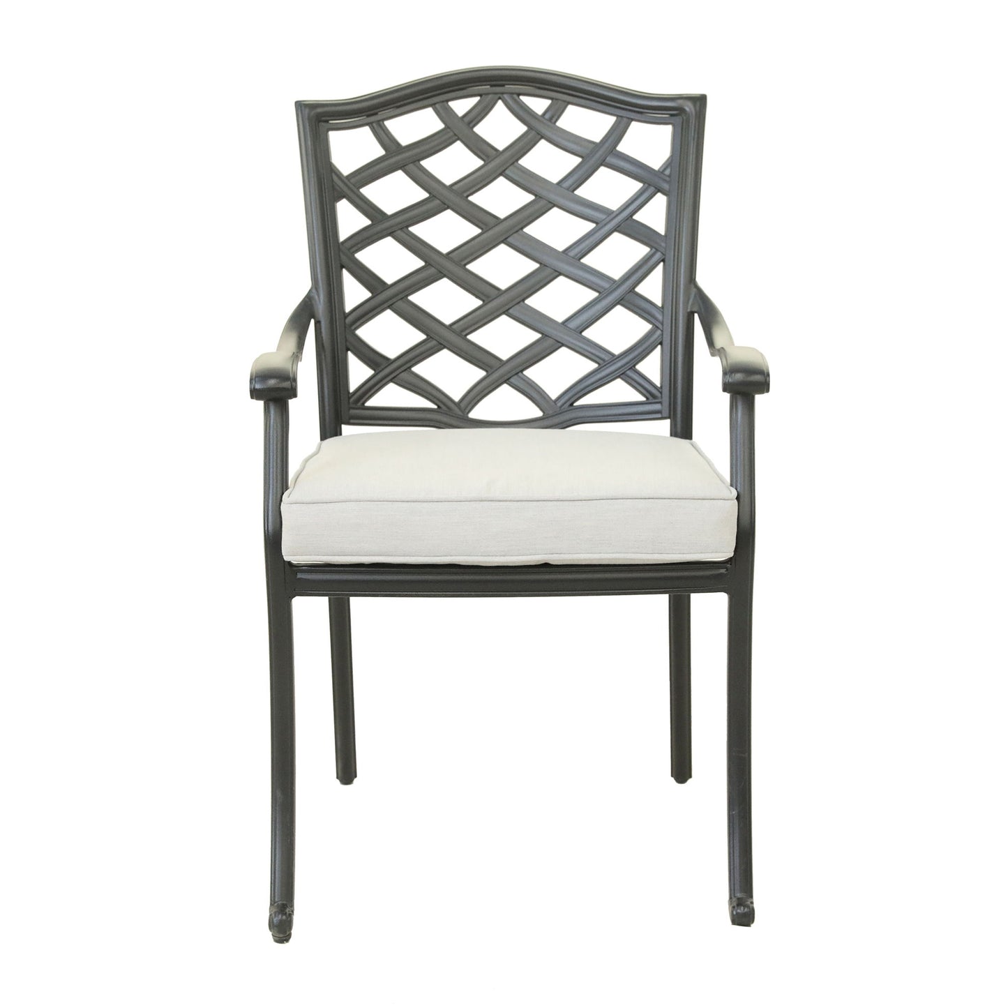 The Aluminum Dining Arm Chair With Cushion (Set of 2) in Cast Silver features a decorative lattice back, curved armrests, and a light-colored cushion, displayed from the front against a white background.