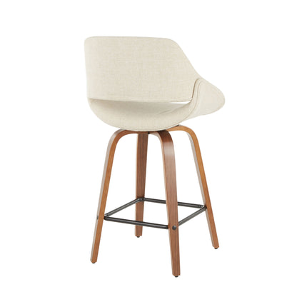 The Fabrico Mid-Century Modern Counter Stool set features a curved cream upholstered backrest and seat, wooden legs, and a black metal footrest. The stool, viewed from behind at a slight angle, showcases its stylish design.