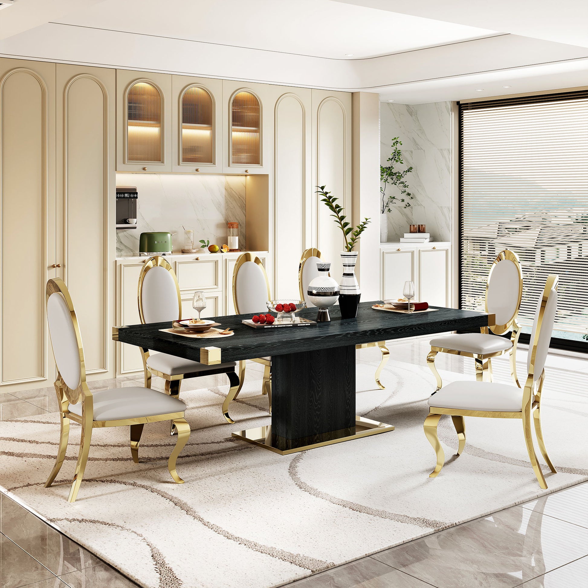 Elegant dining room featuring the Top Dining Table With Finish Corner, surrounded by six white chairs with gold trim on a patterned rug. Modern kitchen in the background, city views from large windows, and decorative vases on the table.