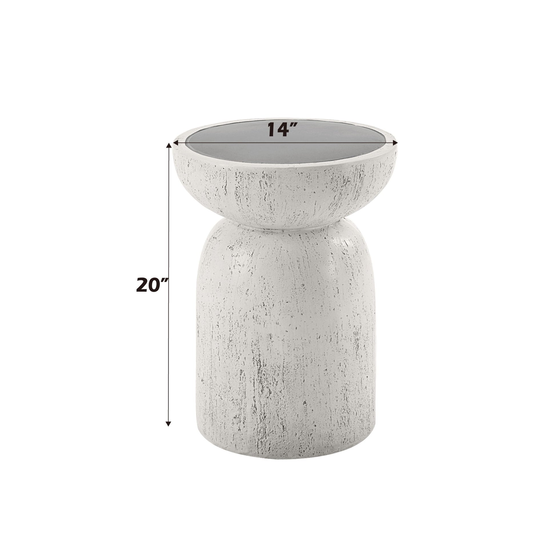 The Dylana Natural Fiber Concrete Accent Table in gray features a round top, measures 14" in diameter and 20" high, and is shown on a plain white background with measurement lines highlighting its dimensions.