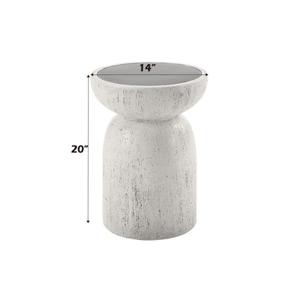 The Dylana Natural Fiber Concrete Accent Table in gray features a round top, measures 14" in diameter and 20" high, and is shown on a plain white background with measurement lines highlighting its dimensions.
