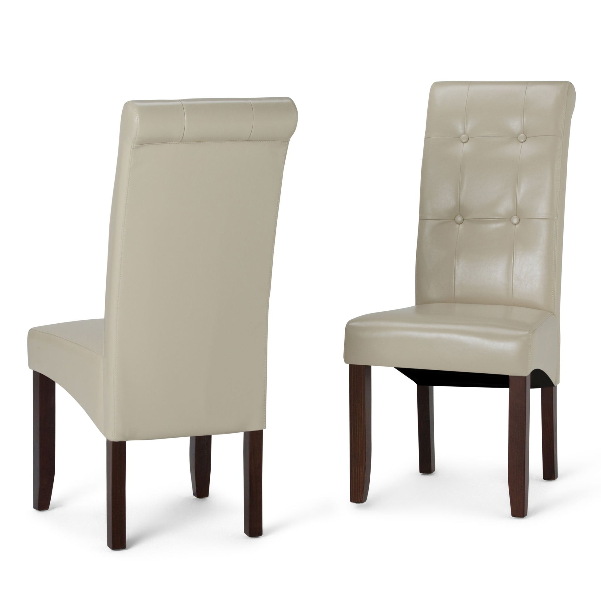 The Cosmopolitan - Deluxe Tufted Parson Upholstered Chair (Set of 2) features two beige leather chairs with dark wooden legs; one is shown from the front and one from the back, highlighting button-tufted backrest detailing.