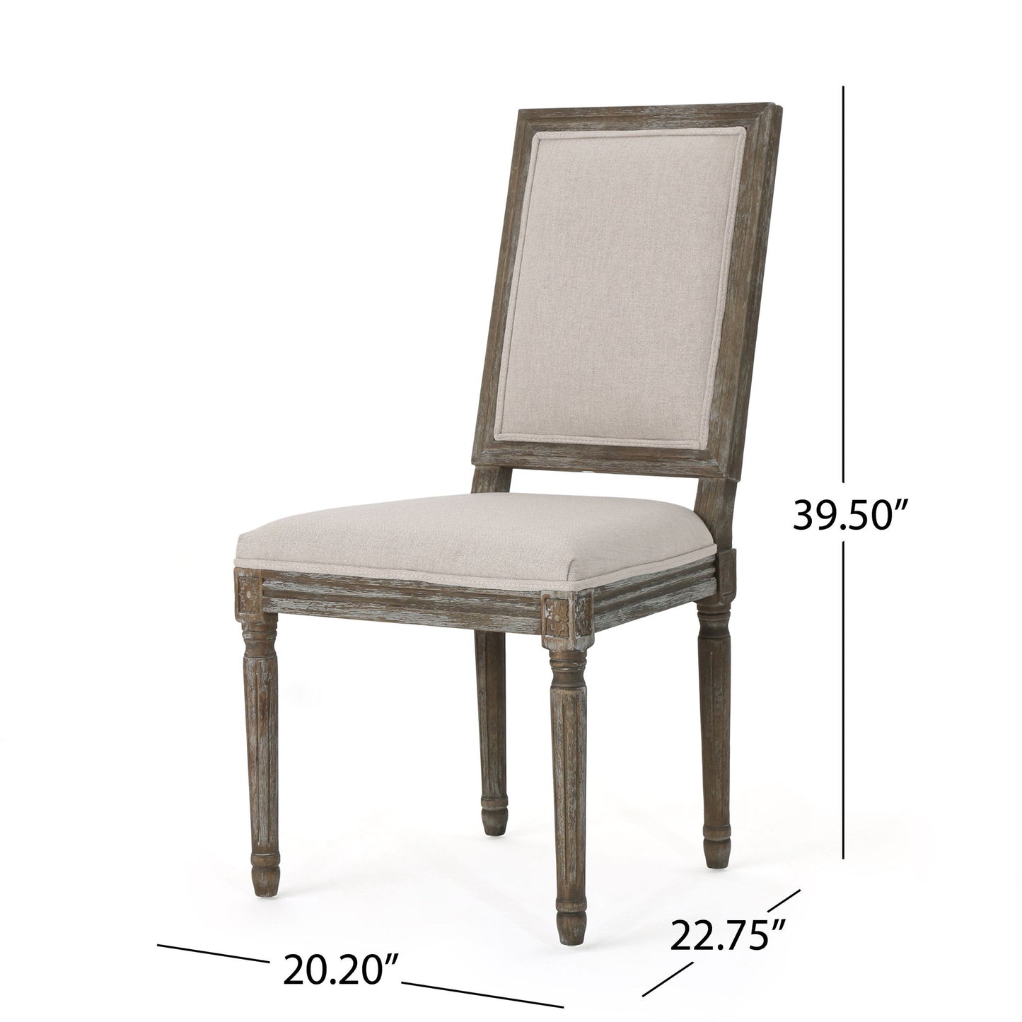 The Traditional Style Dining Chair Set With Fabric Upholstery features a rustic wooden frame, four carved legs, and light beige upholstered seat and backrest. Dimensions: 39.5" tall, 22.75" deep, 20.2" wide. Shown at an angle.