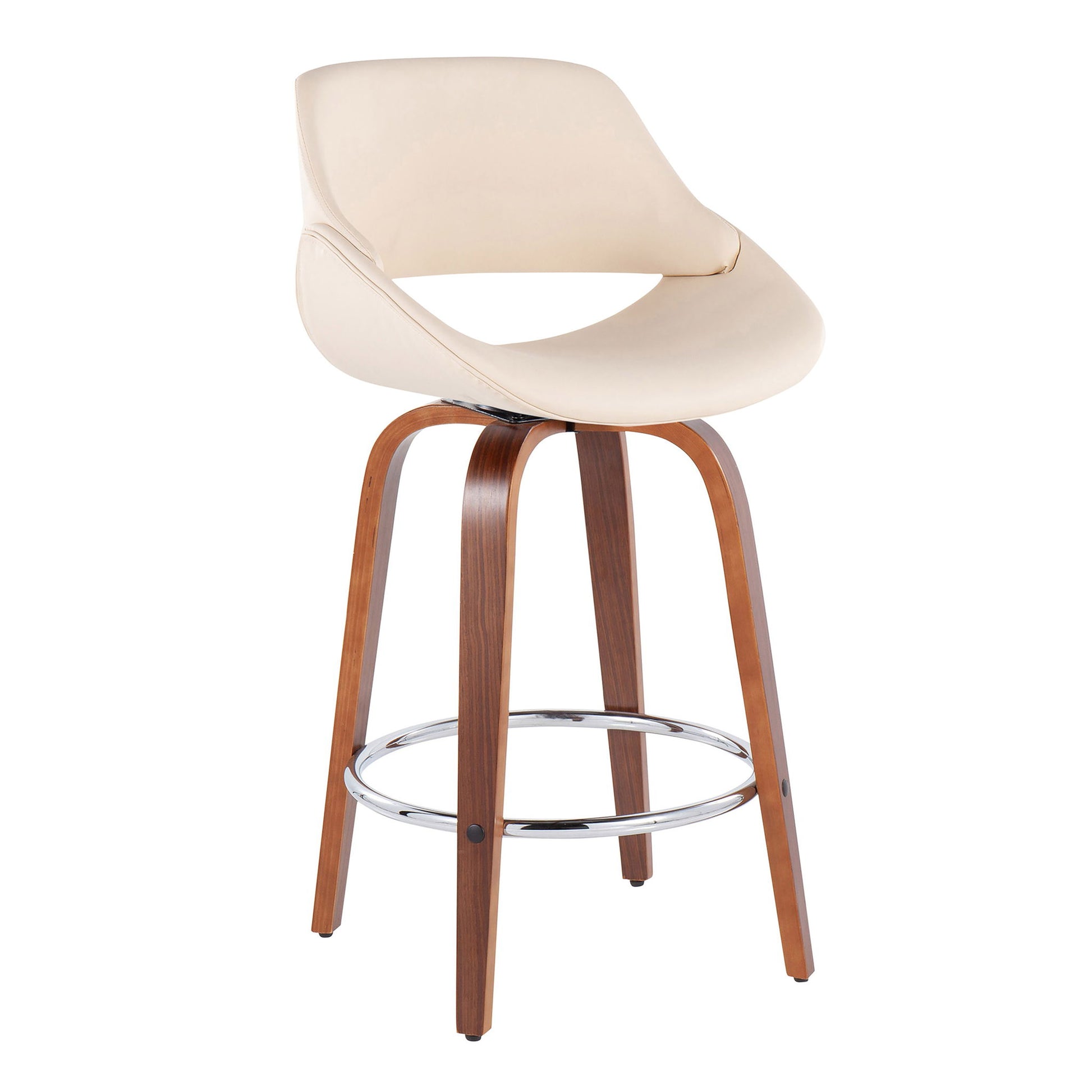The Fabrico Mid Century Modern Counter Stool set features cream curved seats, wooden legs, and a round chrome footrest for a stylish touch.
