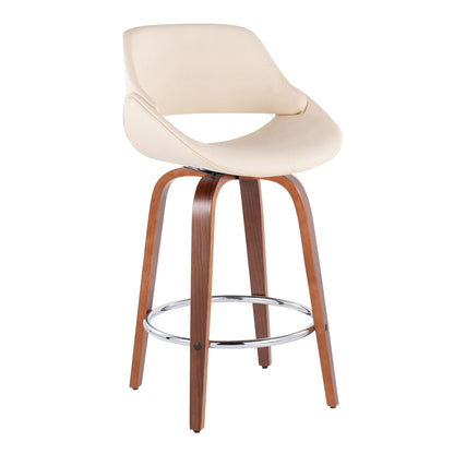 The Fabrico Mid Century Modern Counter Stool set features cream curved seats, wooden legs, and a round chrome footrest for a stylish touch.