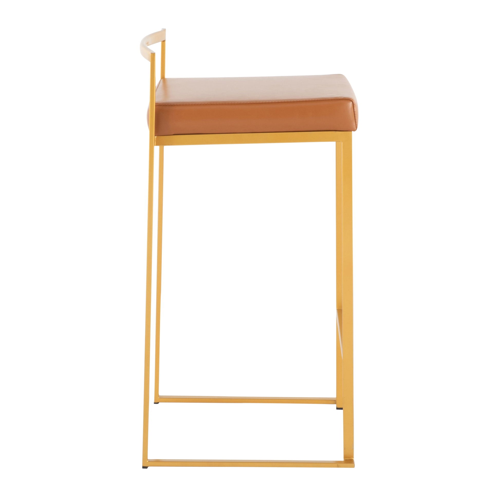 Side view of the Fuji Contemporary/Glam Counter Stool (Set of 2), featuring a mustard yellow metal frame, brown cushioned seat, minimal backrest, and rectangular seat.