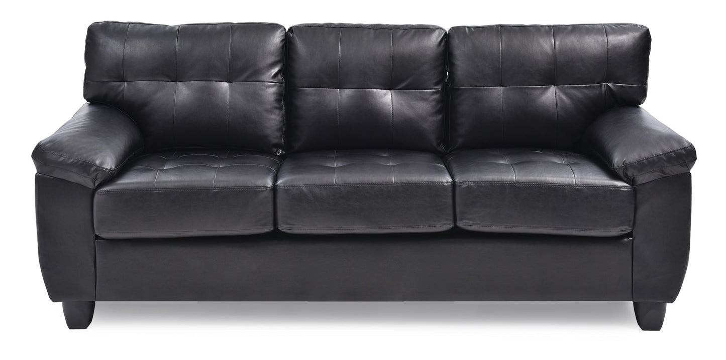 The Comfortable Sofa is a black leather three-seater with tufted cushions and armrests, shown against a white background.