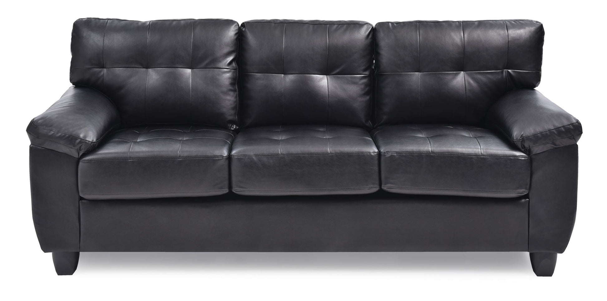 The Comfortable Sofa is a black leather three-seater with tufted cushions and armrests, shown against a white background.