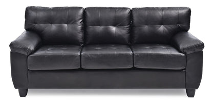 The Comfortable Sofa is a black leather three-seater with tufted cushions and armrests, shown against a white background.