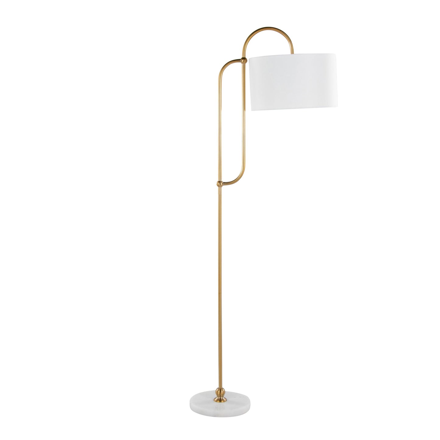 The Leslie Glam / Art Deco Floor Lamp features a gold metal frame, curved design, round white marble base, and a cylindrical white lampshade.