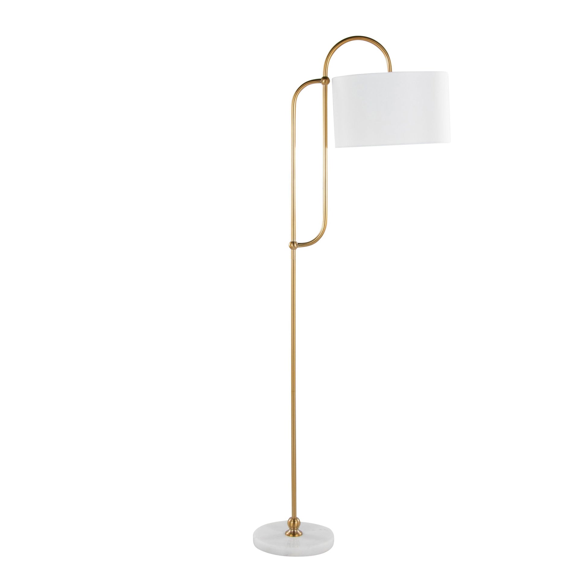 The Leslie Glam / Art Deco Floor Lamp features a gold metal frame, curved design, round white marble base, and a cylindrical white lampshade.
