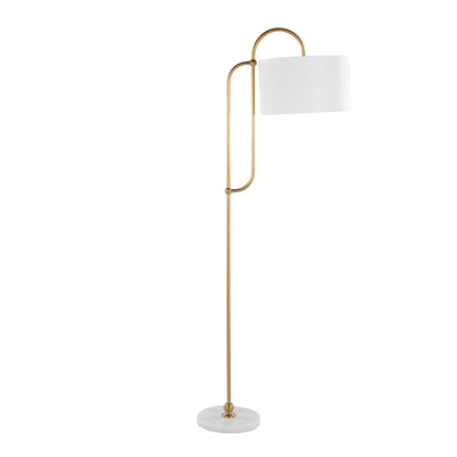 The Leslie Glam / Art Deco Floor Lamp features a gold metal frame, curved design, round white marble base, and a cylindrical white lampshade.