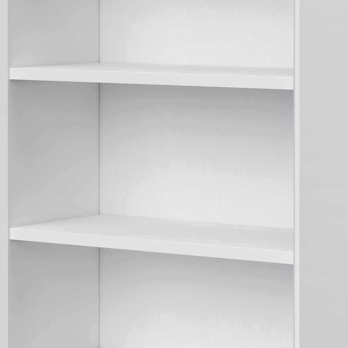 A close-up of the Banting - Mid Century Handcrafted Bookcase, featuring three empty white shelves and a clean, minimalistic design.