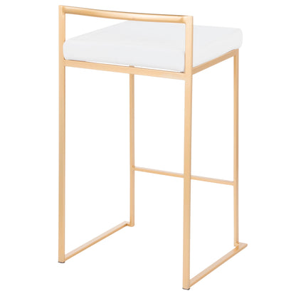 The Fuji Counter Stool (Set of 2) features a contemporary glam design with a gold metal frame, white cushioned seat, and minimalist open-back style.
