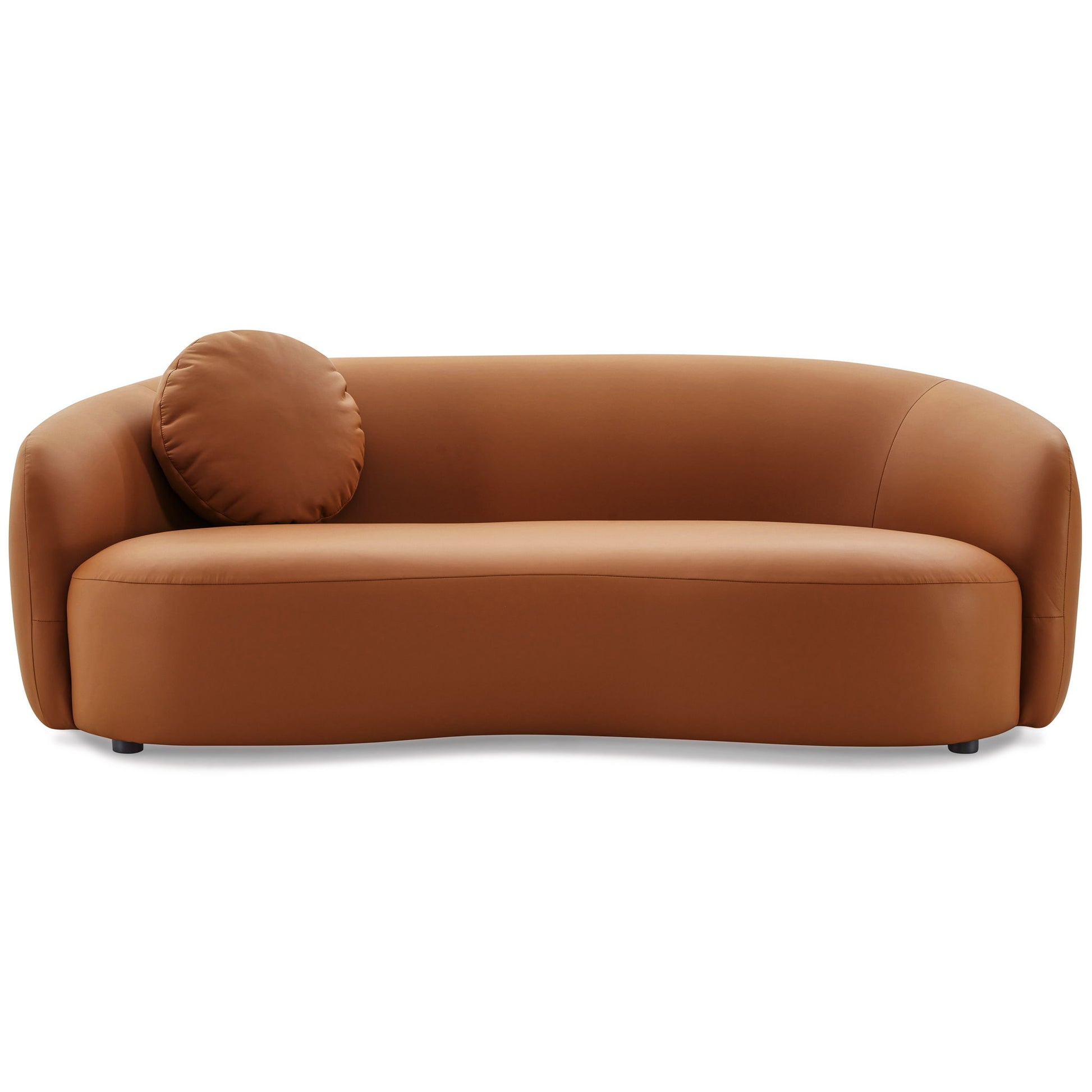 The Porter - Comfortable Sofa features a modern curved design in brown leather with smooth lines and includes a matching round pillow on the left side.