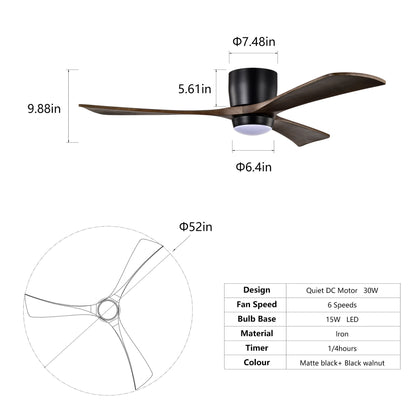 Flush Mount Blades Ceiling Fan With Lights Remote Control, Quiet DC Motor, 6 Speed, Reversible Ceiling Fan For Living Room - Matte Black