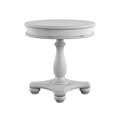 The Mariano Round End Table features a small, round gray wooden top with a single pedestal base and three curved feet, shown against a plain white background.