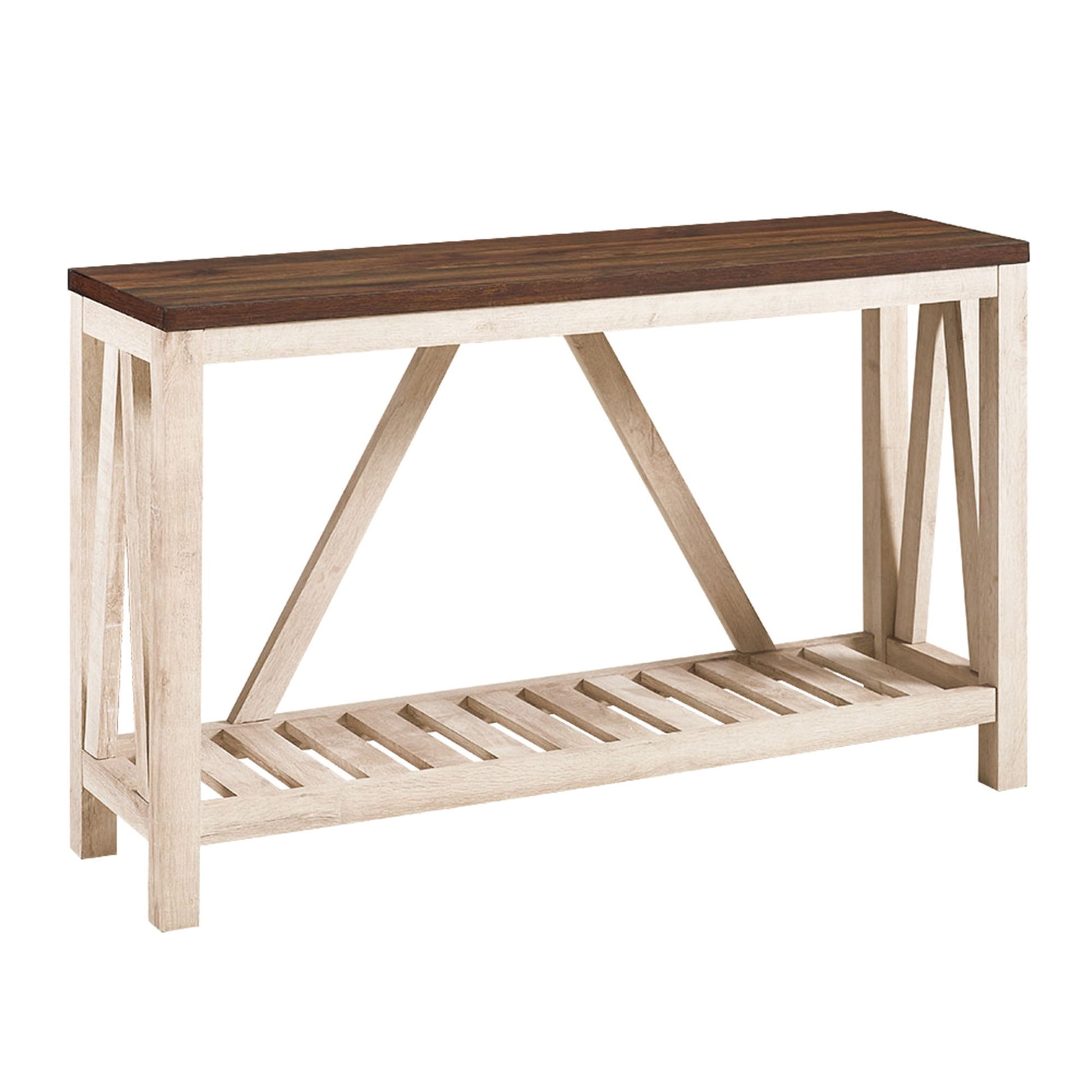 The Farmhouse A Frame Entry Table With Lower Shelf features a dark wood top, light wooden frame, X-shaped side supports, slatted lower shelf for storage, and a simple rustic design.
