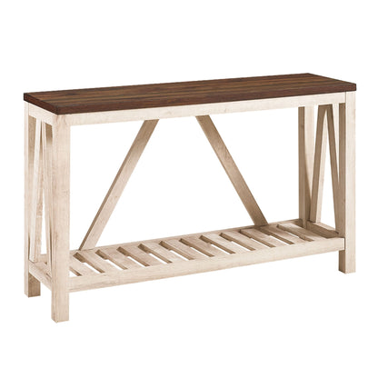 The Farmhouse A Frame Entry Table With Lower Shelf features a dark wood top, light wooden frame, X-shaped side supports, slatted lower shelf for storage, and a simple rustic design.