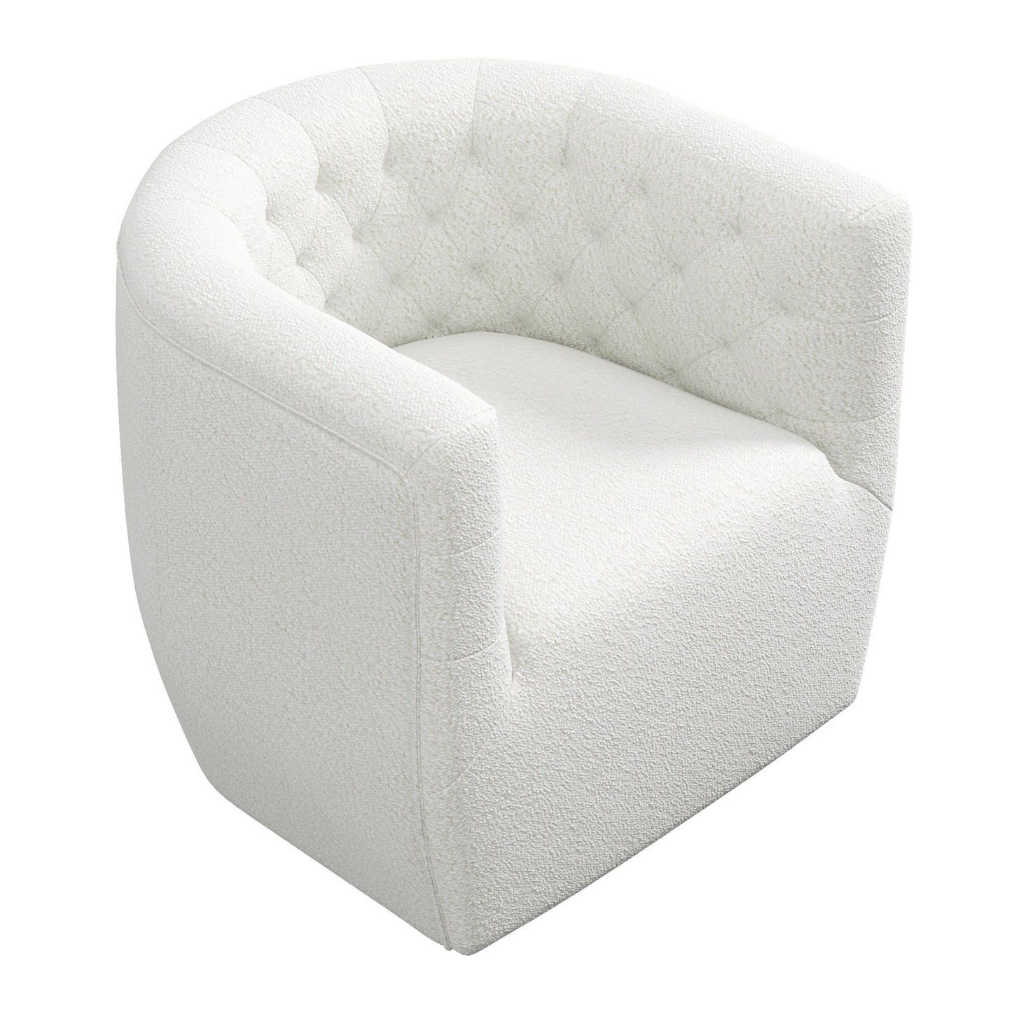 The Delaney Ergonomic Design Swivel Chair is a modern white upholstered armchair with a rounded back, seamless seat, tufted details, and soft textured fabric.