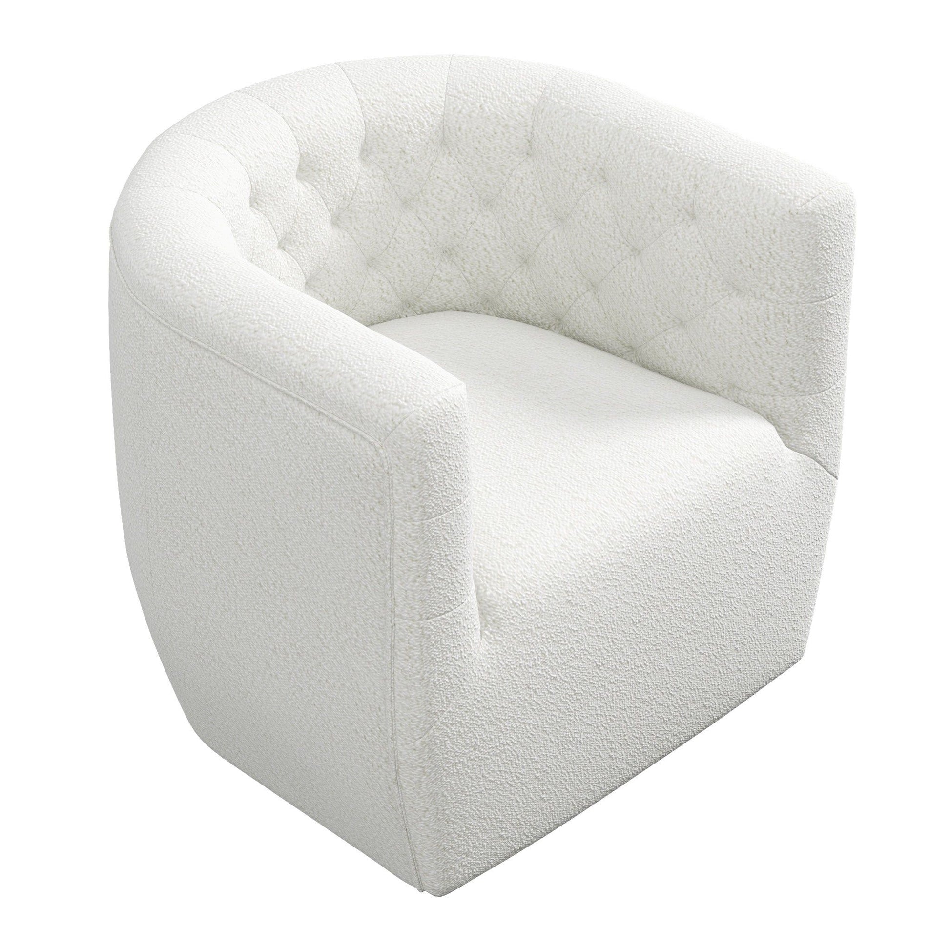 The Delaney Ergonomic Design Swivel Chair is a modern white upholstered armchair with a rounded back, seamless seat, tufted details, and soft textured fabric.