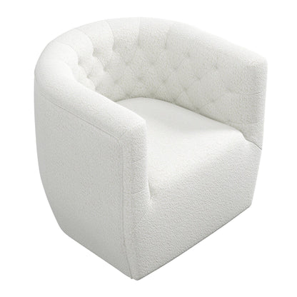 The Delaney Ergonomic Design Swivel Chair is a modern white upholstered armchair with a rounded back, seamless seat, tufted details, and soft textured fabric.
