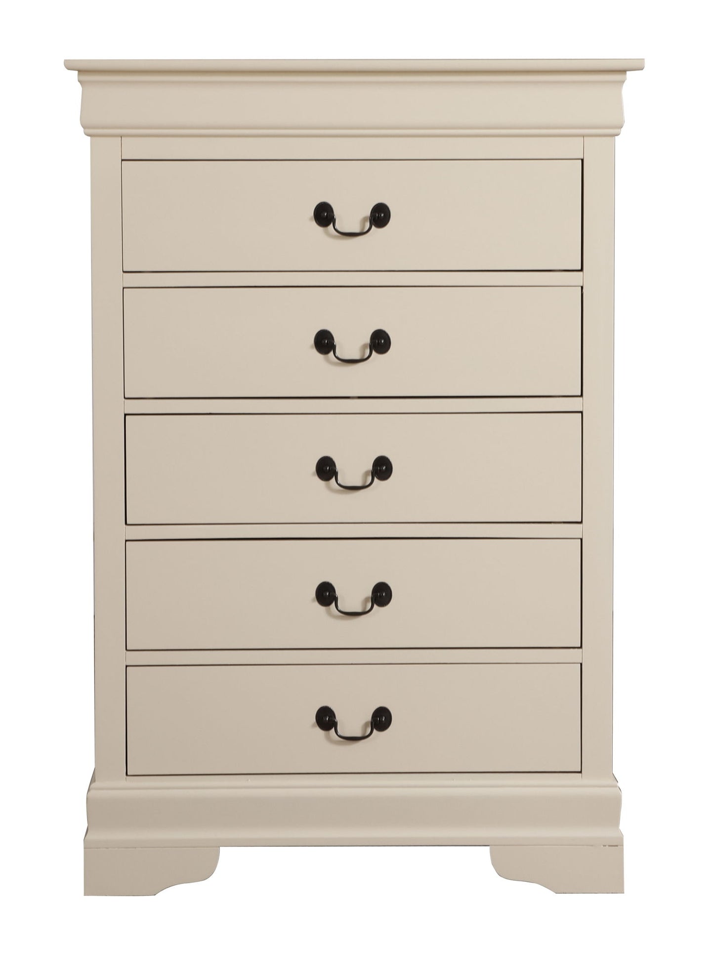 The Traditional Style Storage Chest Elegant is a cream wooden chest with five drawers, each with two black handles. Its classic, simple design features a slightly raised base and minimal decoration.