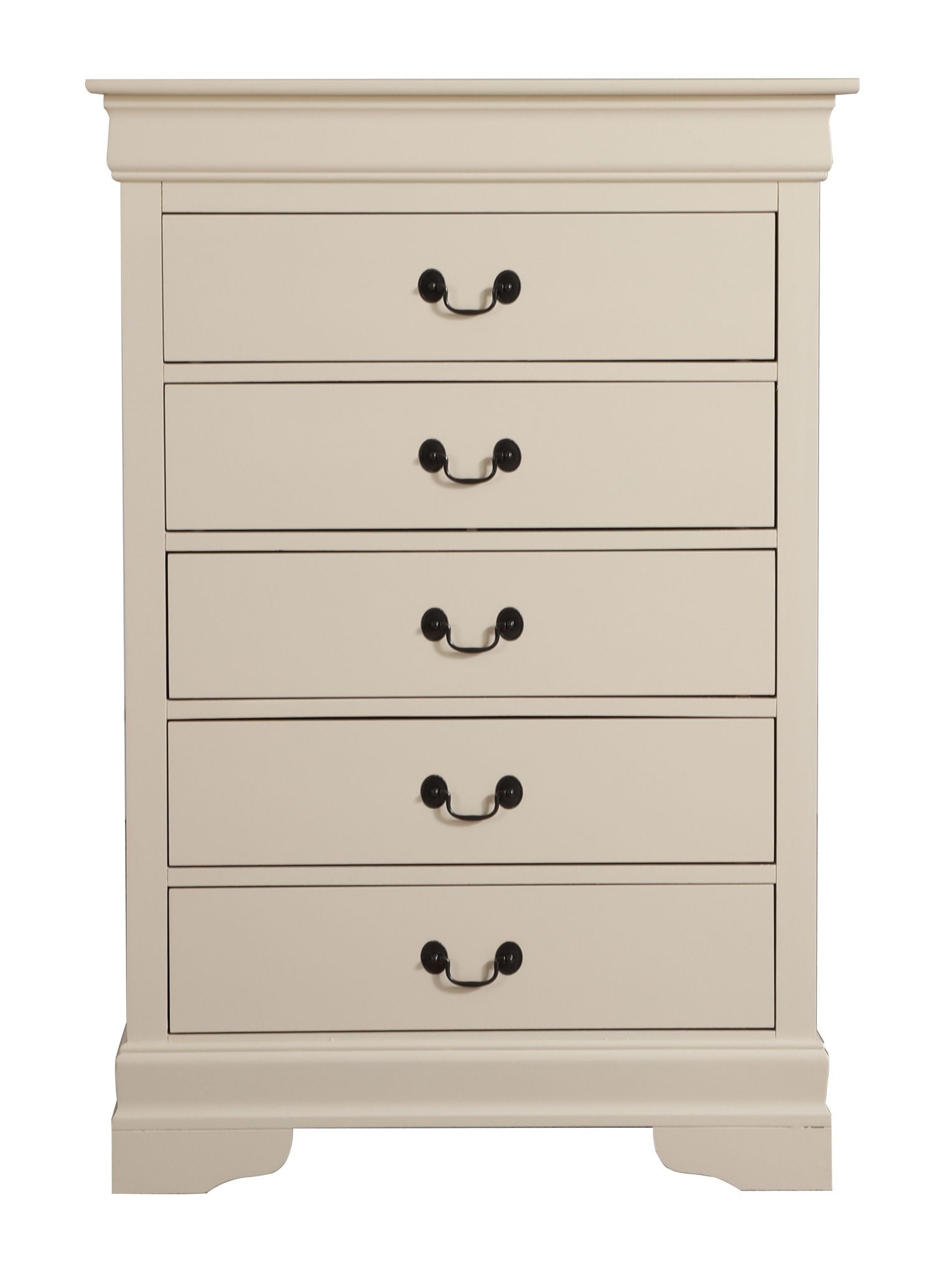 The Traditional Style Storage Chest Elegant is a cream wooden chest with five drawers, each with two black handles. Its classic, simple design features a slightly raised base and minimal decoration.