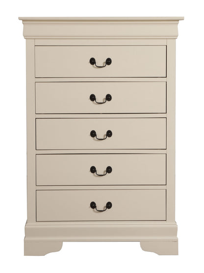 The Traditional Style Storage Chest Elegant is a cream wooden chest with five drawers, each with two black handles. Its classic, simple design features a slightly raised base and minimal decoration.