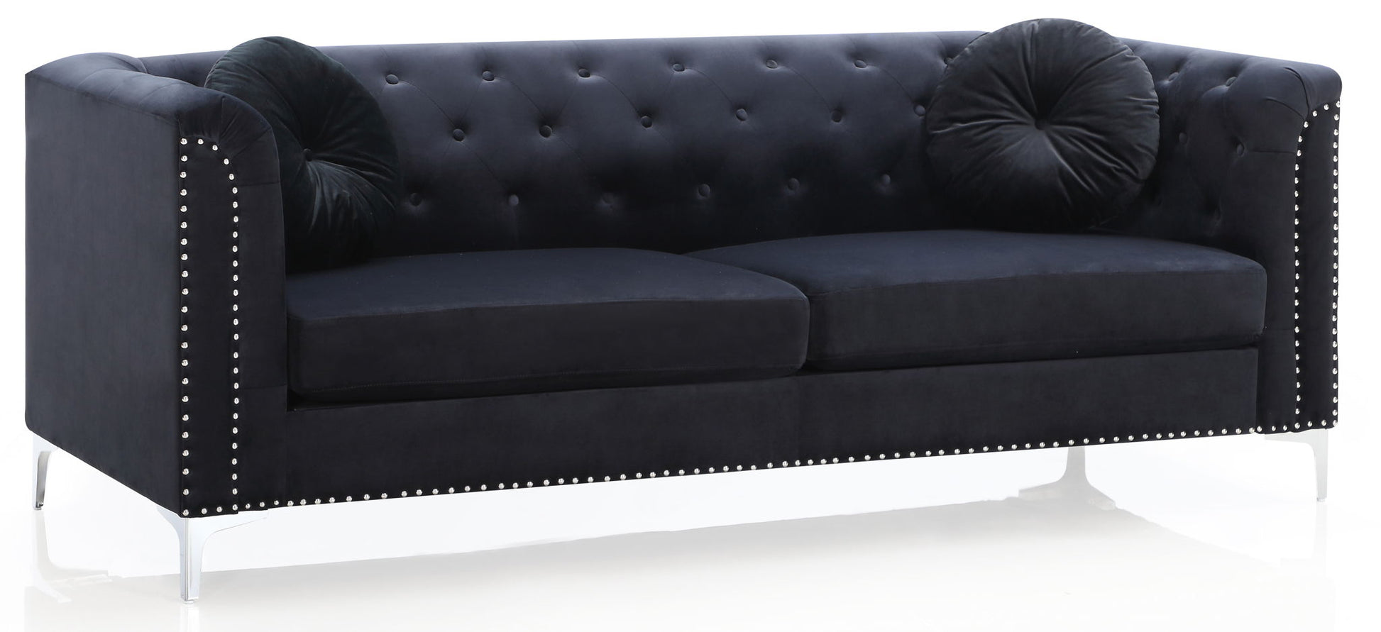 The Elegant Contemporary Sofa features black velvet upholstery, silver studded trim, two round black pillows, and sleek metal legs, displayed against a white background.