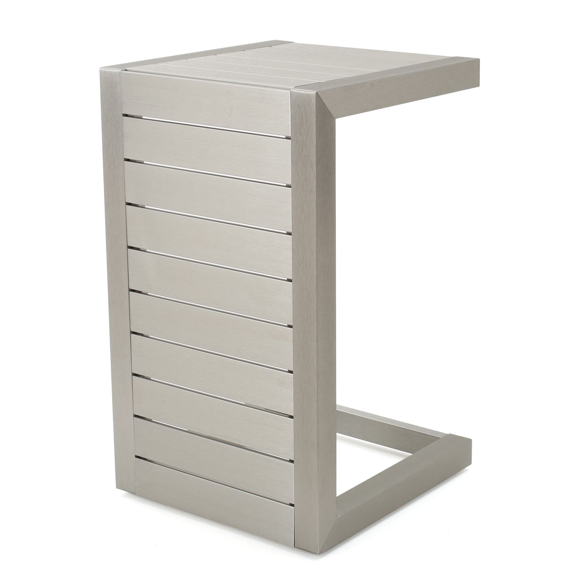 A modern, C-shaped outdoor side table crafted from aluminum, featuring a minimalist rectangular design with an open base—perfect for patio use.